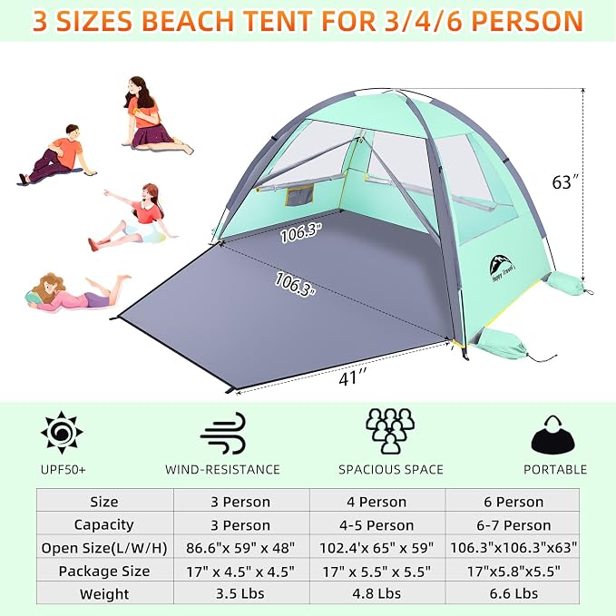 Happy Travel Beach Tent, UPF 50+ UV Protection Sun Shade Shelter for 3/4/5/6/7/8 Person, Portable Beach Canopy for Family & Baby, Lightweight & Easy Setup Beach Cabana with 3 Ventilation Mesh Windows - Image 2