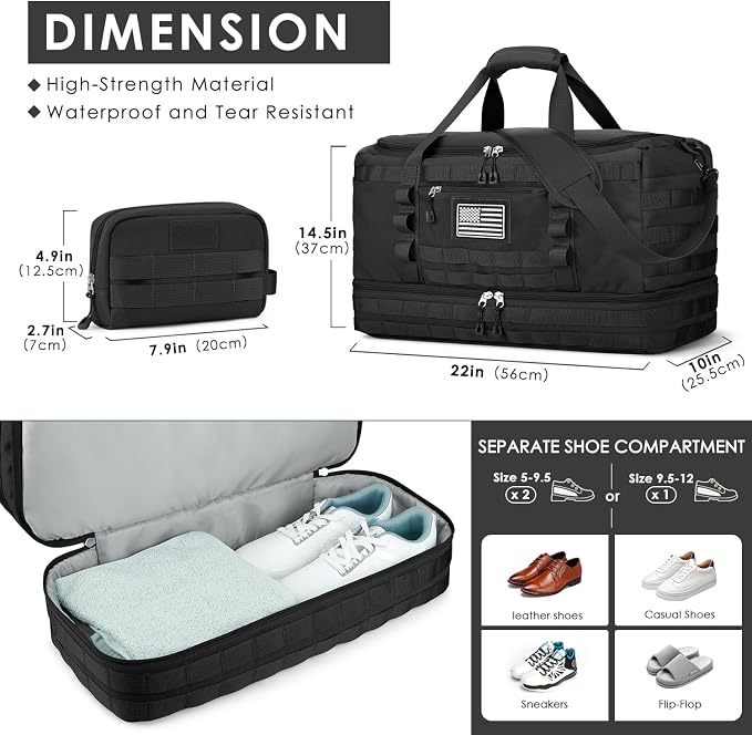 Travel Bag for Men Women, Gym Bag & Tactical Duffle Bags for Travel, Carry on with Toiletry Bag and Shoe Compartment, Weekender Overnight Trip with Wet Pocket for Workout Medical, Black - Image 4