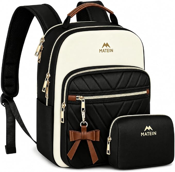 MATEIN Mini Backpack Purse for Women, Small Daypack, 2pcs Sets, Black-Beige | Waterproof Fashion Cute Backpack, Casual Daily Shoulder Bag Handbags, Ladies Girls Bookbag, for Travel Work School College by MATEIN