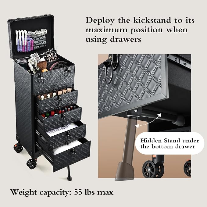 Yueieoun Nail Salon Cart with 4 Drawers,Rolling Makeup Train Case for Beauty,Cosmetology Case on Wheels,Trolley Cart,Lockable Organizer Travel Case for Manicure/Face Painting/Hairstylist/Tattoo Artist - Image 5