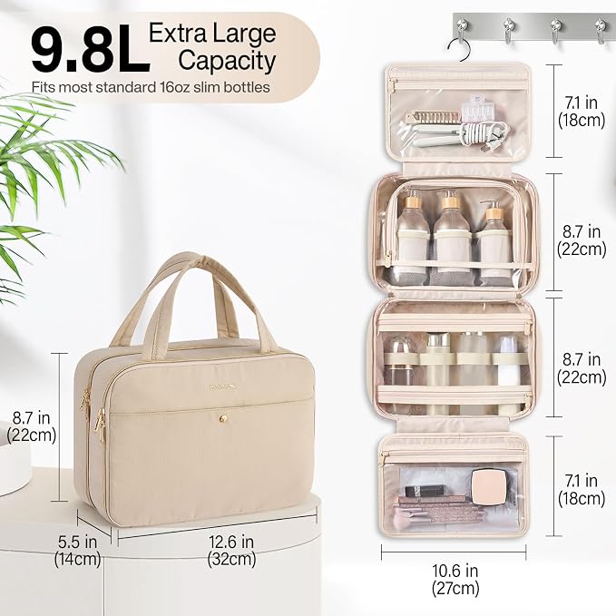 Hanke Hanging Travel Toiletry Bag with Jewelry Organizer, Apricot | Large Capacity, Holds Full-Size Bottles, Water & Stain Resistant, 360° Swivel Hook, Trolley Sleeve, Women's Makeup Organizer - Image 2