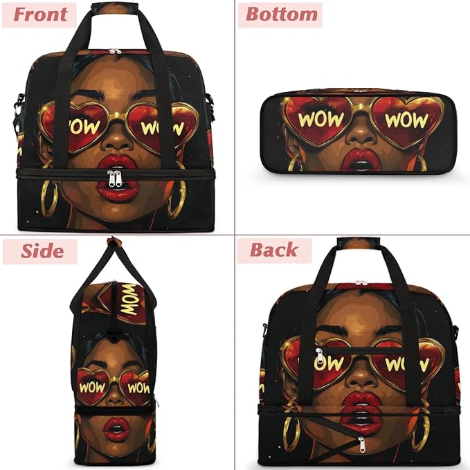 African Women Wow Foldable Travel Duffel Bag, Expandable Weekender Overnight Carry on Bags with Shoe Compartment Sport Tote Gym Luggage for Women Men - Image 3
