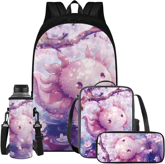 Cherry Blossom Axolotl Backpack for Girls Kids Backpack with Lunch Box Water Bottle Pouch and Kawaii Pencil Case 4PCS Set Cute Bookbag with Compartments 17" School Bag for Elementary Girls by ELEDIZI