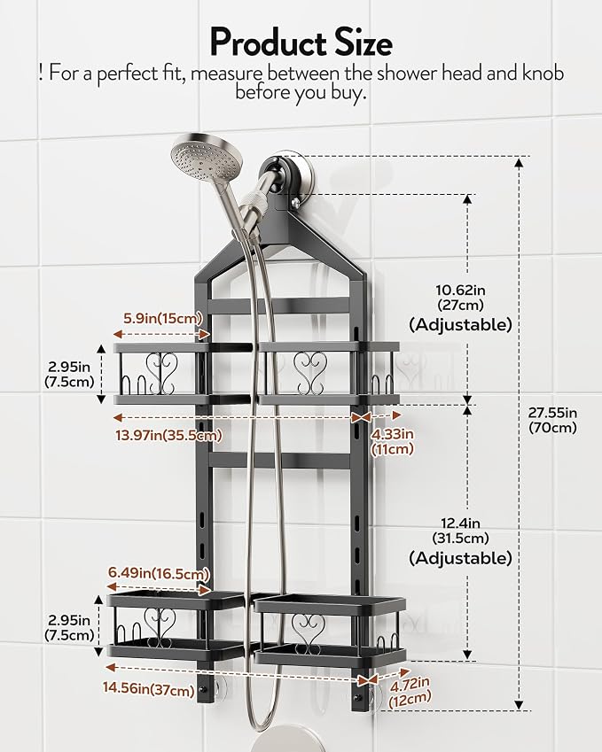 Orimade Adjustable Hanging Shower Caddy for Handheld Shower Heads, Rustproof Bathroom Shelf Organizer Over Showerhead Storage Rack with 8 Hooks, Easy-Clean Removable Baskets & Triple Anti-Slip Fixing - Image 6