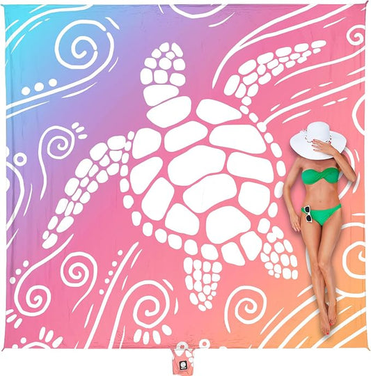 WEKAPO Beach Blanket Waterproof Sandproof Oversized Extra Large Sand Free Beach Mat with Stakes, Storage Bag - Essentials for Outdoor Beach, Picnic (Pinkish Purple Sea Turtle, 11 X 9 FT (1~10 Person)) by Wekapo