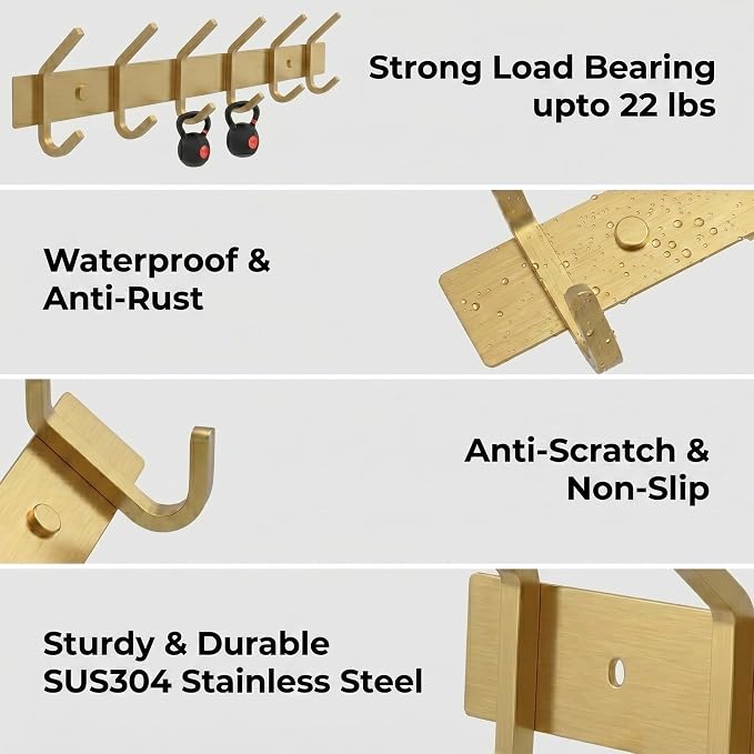 Brushed Gold Wall Mounted Coat Rack – 17 Inch Stainless Steel Rail with 6 Double Coat Hooks for Entryway, Bathroom, Bedroom, Kitchen – Modern Gold Hook Rack for Coats, Hats, Towels - Image 3