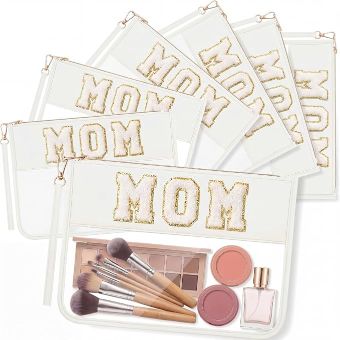 6 Pcs Mom Cosmetic Bags, Clear Chenille Letter Mama Makeup Bag, Beige Gift Bags Travel Toiletry Pack, Preppy Waterproof Stuff Pouch for Women by Unknown