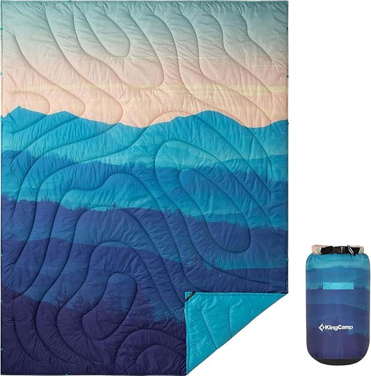KingCamp Ultralight Camping Blanket, Packable Down Alternative Puffy Printed Wearable Blanket with Snap Buttons & Corner Loops Weatherproof Quilt for Outdoor Travel (78.7" x 57.1", Cyan/Orange) | Down Alternative Puffy Printed Blanket with Snap Buttons... by KingCamp