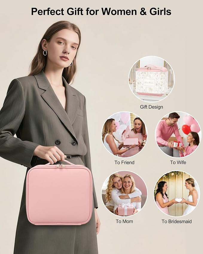 Chomeiu Makeup Bag with LED Mirror, Cute Cosmetic Bags for Women and Girls, Travel Train Case Artists Organizer Large Make Up Bags with 3 Color Light Up Mirror & Removable Brush Compartment, Pink - Image 9