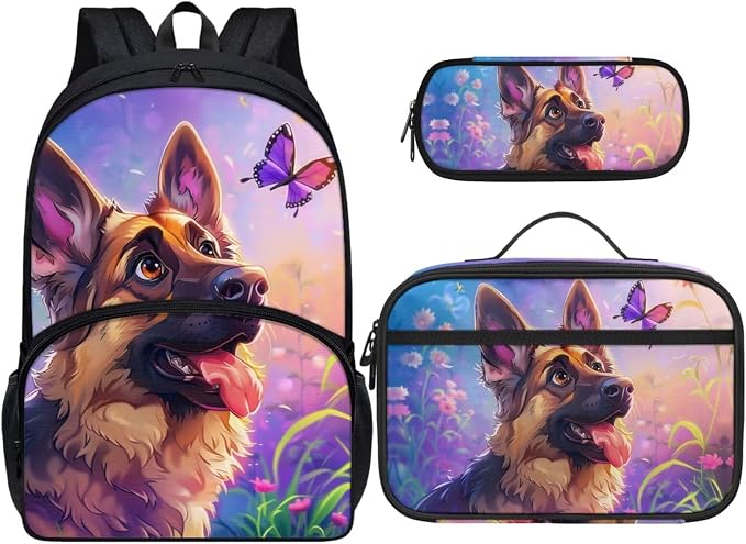 German Shepherd Backpack Set for Kids Ages 6-12, Multicolor, 3D Animal Design, 11.8 x 6.3 x 16.9 inches by Dremagia