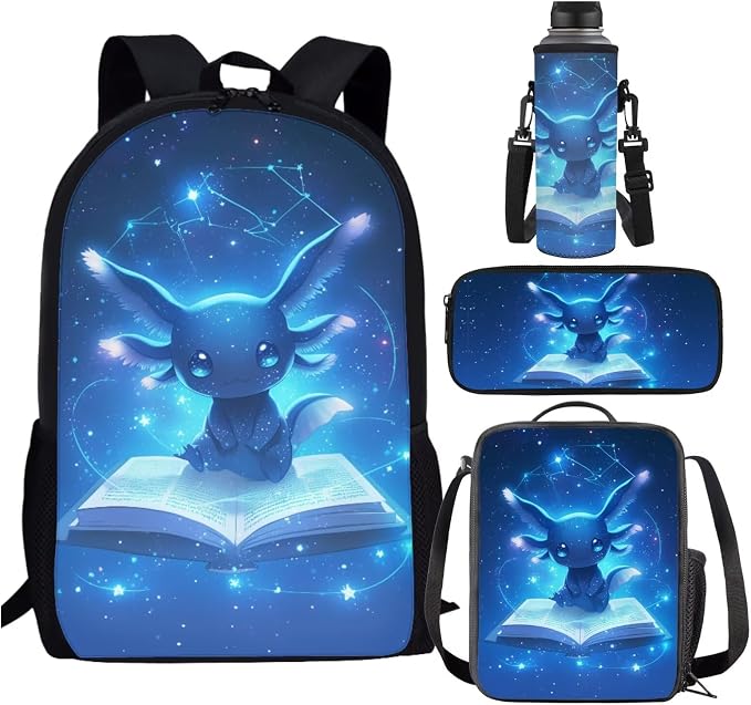 Blue Axolotl Backpack with Lunch Box Kids Girls 2nd Grade Book Lover Bookbag and Lunchbox Pencil Case Watter Bottle Holder 4PCS Galaxy Elementary School Back Pack Preschool Book Bag Age 6-8 by SCRAWLGODDreamWardrobe