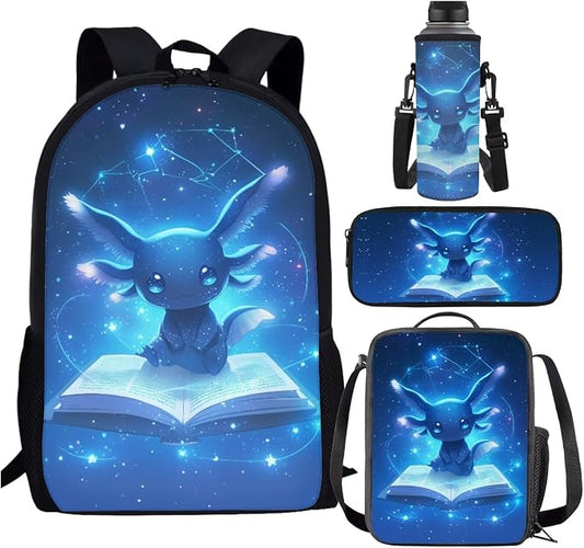 Blue Axolotl Backpack with Lunch Box Kids Girls 2nd Grade Book Lover Bookbag and Lunchbox Pencil Case Watter Bottle Holder 4PCS Galaxy Elementary School Back Pack Preschool Book Bag Age 6-8 by SCRAWLGODDreamWardrobe