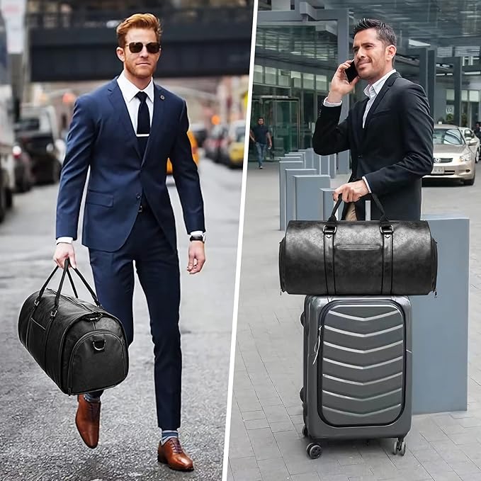Carry on Garment Bags for Travel Leather Garment Duffle Bag Convertible Mens Suit Travel Bags with Shoe Compartment,Waterproof,Perfect for Business Travel/Husband Gifts (Black) - Image 3
