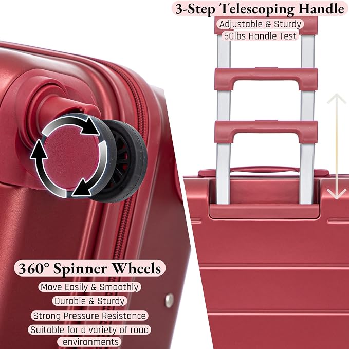 3-Piece ABS Spinner Luggage Set (20" 24" 28") with Combination Lock, Matching Hardshell Suitcases, Wine Red - Image 4