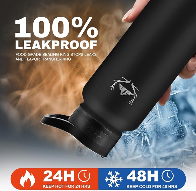 NATURE PIONEOR 40 oz Insulated Water Bottle with Carrier Bag & 3 Lids | 18/8 Food-grade Stainless Steel, Double Vacuum Insulation, 3 Leak-proof Lids, Strap, Camping, Hiking, Gym, Work - Image 3