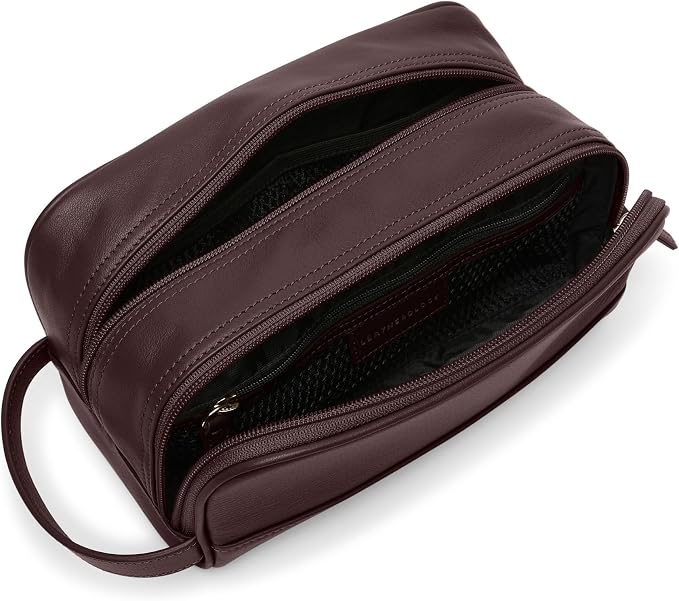 Leatherology Brown Leather Toiletry Bag – Small Double Zip Dopp Kit – Full Grain Leather Travel Organizer with Water-Resistant Lining – Compact Grooming Bag for Men or Women - Image 4