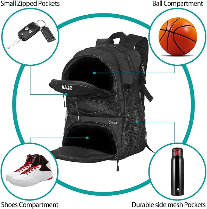 WOLT Basketball Backpack Large Sports Bag with Separate Ball Holder & Shoes Compartment, Best for Basketball, Soccer,Gym - Image 4
