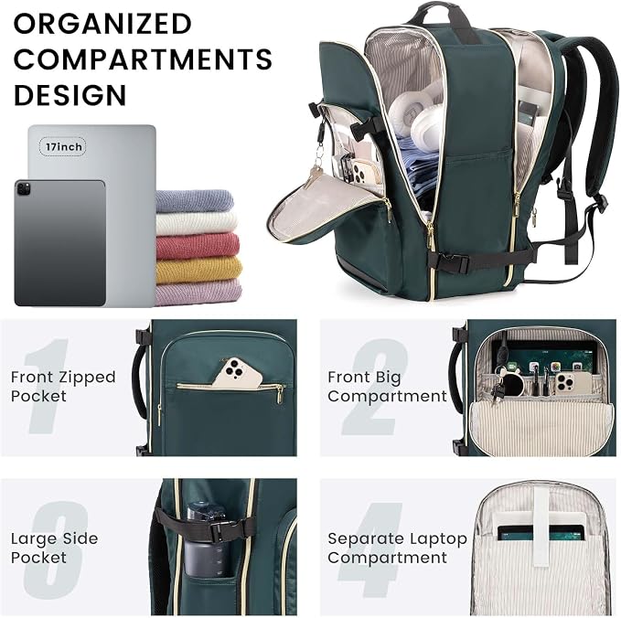 LOVEVOOK 40L Large Travel Backpack for Women Men, 17 Inch Carry on Backpack for Traveling on Airplane, Personal Item Travel Bag Airline Approved, Business Causal Weekender Backpack, Green-Black - Image 2