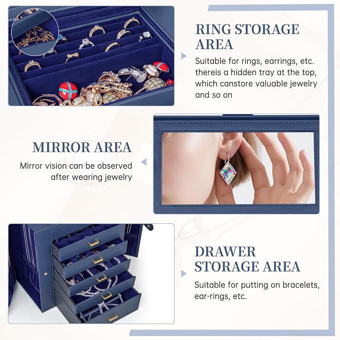 AKOZLIN 6-Tier Jewelry Box Organizer Functional 5 Drawers Leather Jewelry Storage Case for Women Girls Ring Necklace Earring Bracelet Holder Organizer with Mirror Extra Large Blue - Image 6