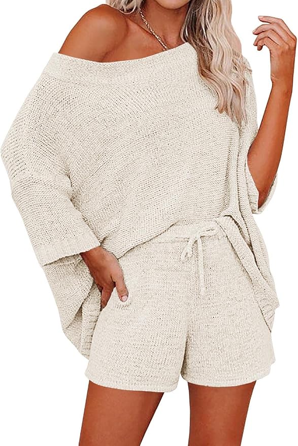 Ermonn Womens 2 Piece Outfits Sweater Sets Off Shoulder Knit Tops Waist Short Suits Casual Pajama Set by Ermonn