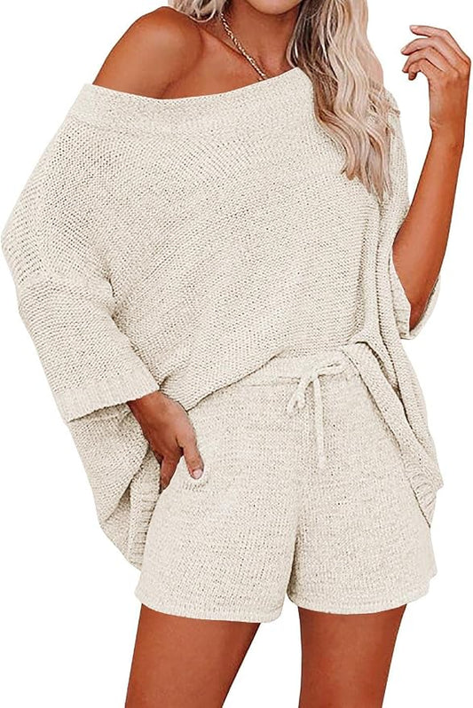 Ermonn Womens 2 Piece Outfits Sweater Sets Off Shoulder Knit Tops Waist Short Suits Casual Pajama Set by Ermonn