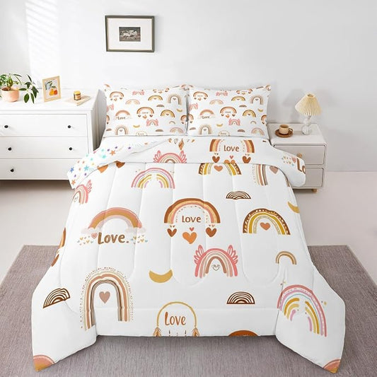 Kids Rainbow Duvet Insert, Kawaii Decor Comforter Set Full For Kids Girls Boys, Cartoon Love Heart Bedding Set Cloud And Moon Hand Drawn Duvet Sets Soft Microfiber Comforter + 2 Pillow Cases by Erosebridal
