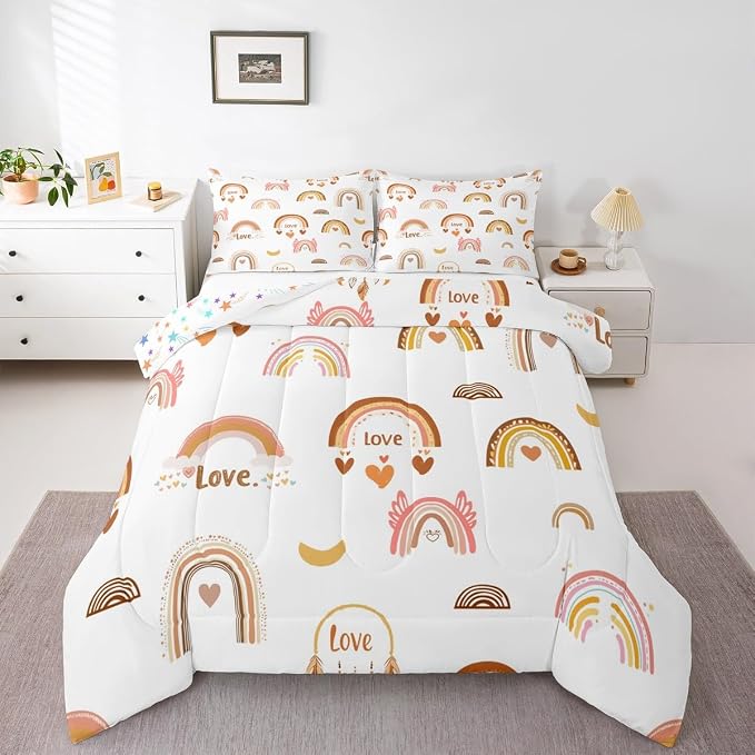 Kids Rainbow Duvet Insert, Kawaii Decor Comforter Set Queen For Kids Girls Boys, Cartoon Love Heart Bedding Set Cloud And Moon Hand Drawn Duvet Sets Soft Microfiber Comforter + 2 Pillow Cases by Erosebridal