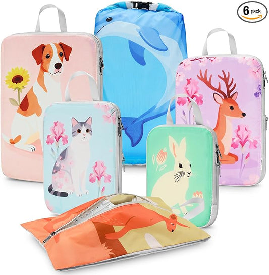 Gonex Compression Packing Cubes, 6pcs Expandable Storage Travel Luggage Bags Organizers with Shoe Bag Laundry Bag, Travel Cubes for Suitcase Carry On (Animals) by Gonex
