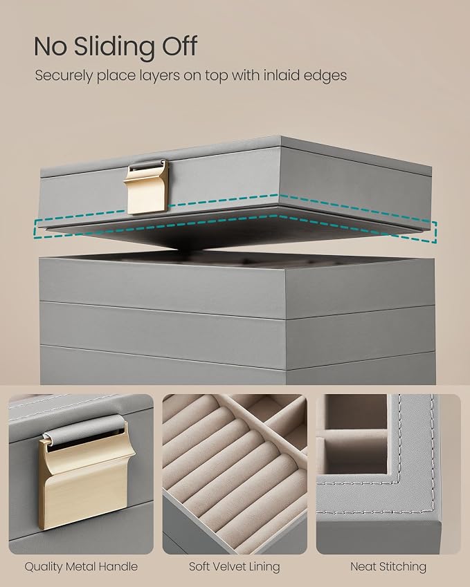 SONGMICS Stackable Jewelry Trays, 4-Tier Jewelry Box, Drawer Jewelry Organizer, with Glass Lid, Removable Dividers, for Vanity Table, 6.7 x 11 x 7.2 Inches, Gift Idea, Dove Gray UJBC164G01 - Image 4