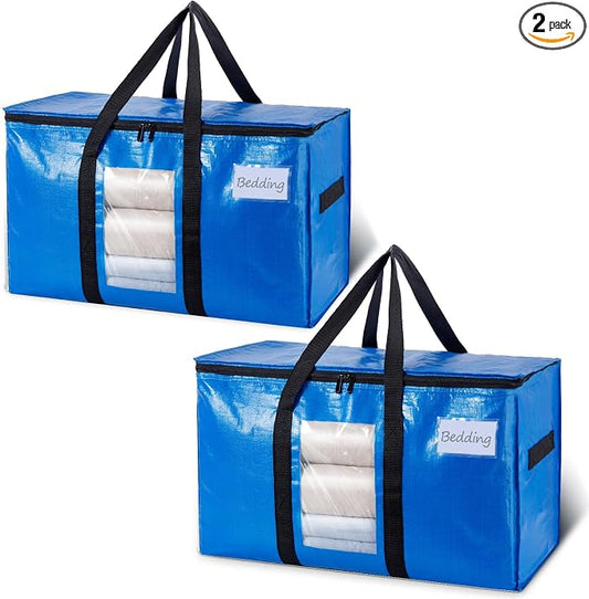 TAILI Extra Large Moving Bags, 2 Pack Blue Heavy Duty Totes For Storage with Visible Window, Wrap Around Handles, Storage Bags for Space Saving, Alternative to Moving Boxes by TAILI