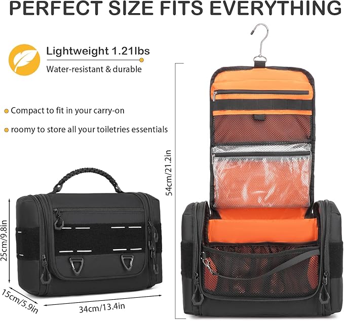 Tactical Toiletry Bag for Men, Hanging Dropp Kit Mens Toiletry Travel Bag for Toiletries, Traveling & Shaving Kit, Hygiene Bag Shower Bathroom Organizer with Handle & Swivel Hook, Black - Image 3