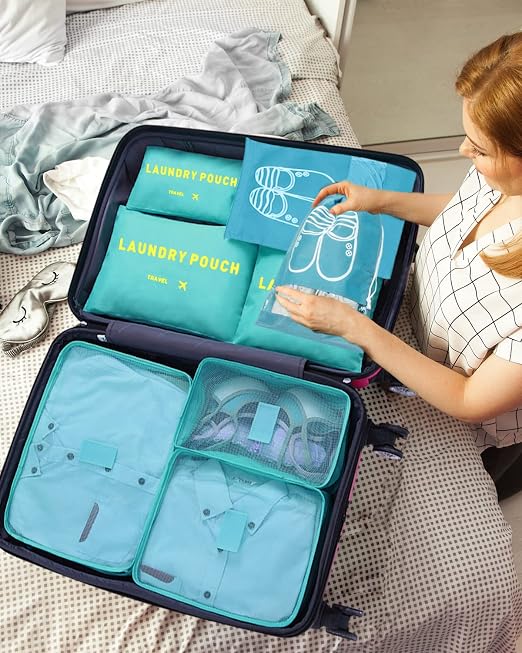 8-in-1 Suitcase Organiser Set for Travel, Clothes Bags, Packing Cubes, Luggage Organisers for Clothes, Shoes, Underwear, Cosmetics, Light Blue - Image 7