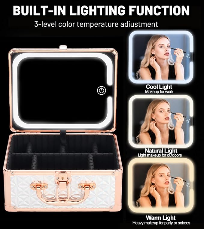 Makeup Case with LED Mirror, Portable Lockable Vanity Case, Travel Makeup Train Box for Women, Cosmetic Organizer, Detachable 3-Color Lighted Mirror, Adjustable Dividers, Brush Holder - Image 3