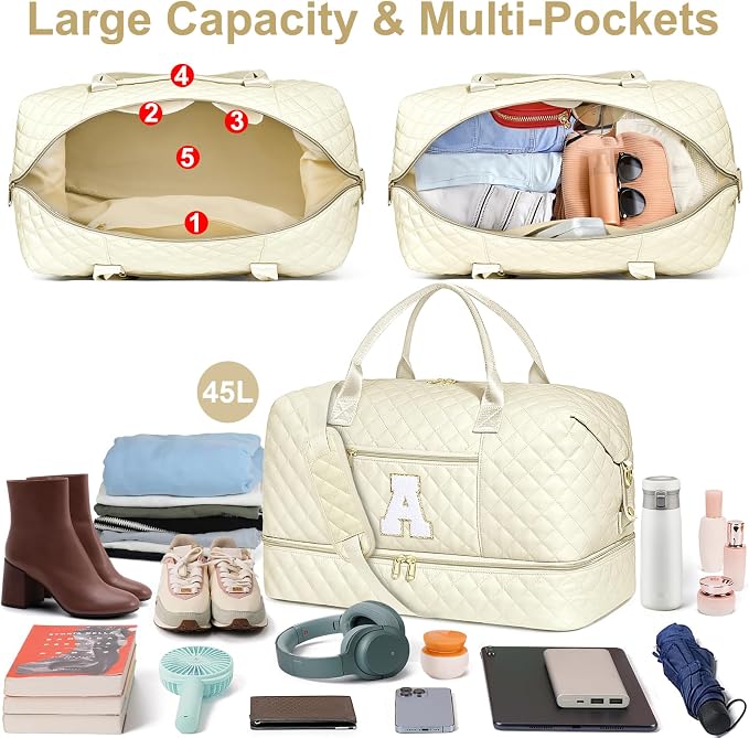 Graduation Birthday Gift for Her, Personalized Initial Weekender Bag for Women 45L Travel Duffle Carry On Quilted, 3PCS Overnight with Cosmetic & Toiletry Bag, Shoe Compartment, Gym Dance Bag for Girl - Image 3
