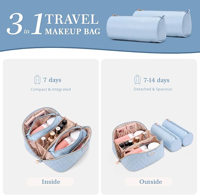 Travel Makeup Bags Cosmetic Organizer: 3Pcs Set Puffy Make up Bag for Women | Blue Premium Quilted ELEGANCE Design | Large Capacity Leather Toiletry Bags | Wide Open Compact Case for Travel Essentials - Image 4