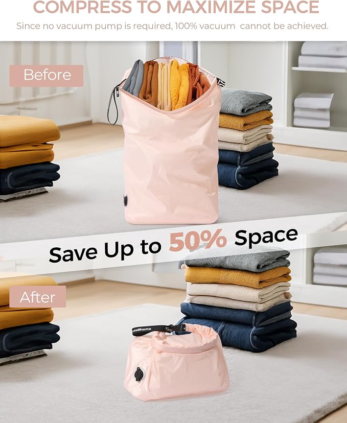 Travel Laundry Bag, Pump-Free Vacuum Compression Dirty Clothes Bag, Reusable Waterproof & Washable Laundry Bag, Wet and Dry Bag, Ideal for Suitcases, Road Trip Essentials (2 Pcs, L+L) Pink - Image 3
