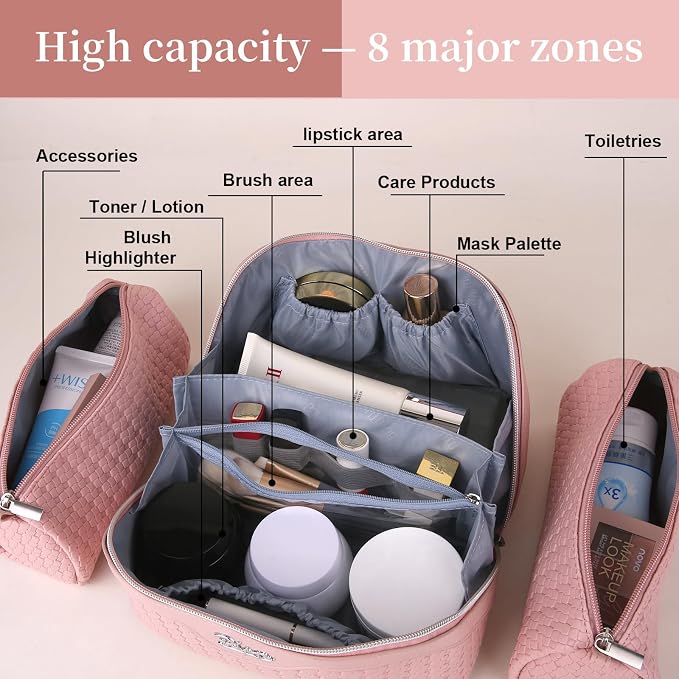 BOYATU Travel Makeup Bag Cosmetic Bags for Women: Large Capacity 3 Pcs Set Make up Bag with Compartments - Waterproof Vegan Leather Toiletry Organizer Bags with Handle (L39 Pink) - Image 3