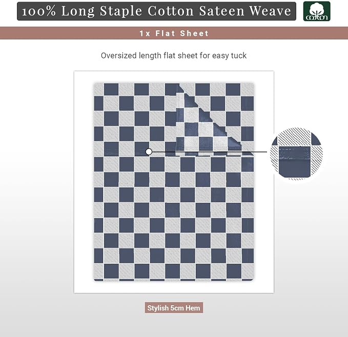 Pizuna Pure 100% Cotton Flat Sheets Only Queen Navy Smart Plaid (1 PC), Luxurious 400 Thread Count Long Staple Cotton Sateen with 4" Hem (Combed Queen Flat Sheet Only Cotton) - Image 3