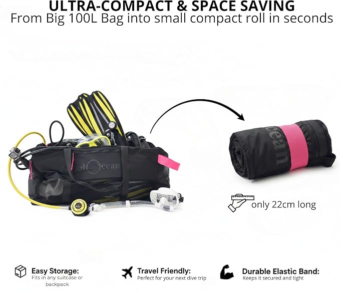 XL Mesh Duffle Dive Bag, Packable Roll-Up 100L Scuba Diving & Snorkeling Gear Bag, Quick-Dry Lightweight Design with Reinforced Bottom & Drain Vents - Image 4