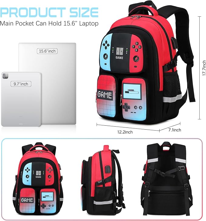 Gamer Backpack for Boys , 3PCS Boys Backpack with Lunch Box & Pencil Pouch, Waterproof School Bags for Boy Kids Children Teens, Elementary Middle School, Kids Book Bag Casual Daypack (Red Black) - Image 2
