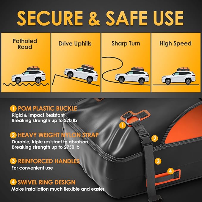 Asinking Car Rooftop Cargo Carrier Bag, 100% Waterproof Non-Rip 20 Cubic Feet Car Roof Bag for All Vehicles with/Without Rack, Includes Non-Slip Mat, Luggage Lock, 4 Door Hooks, Storage Bag - Image 4