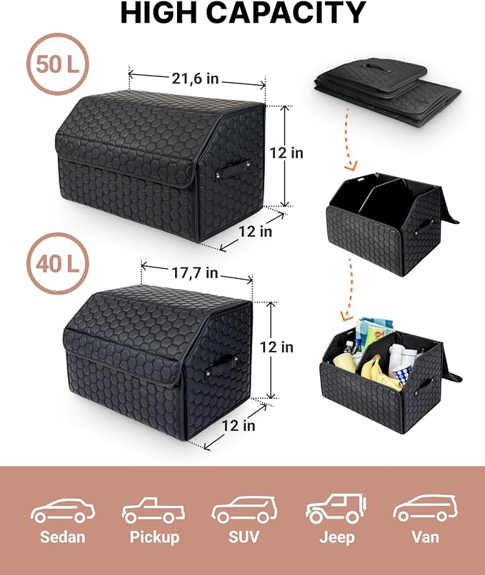 Owleys Car Storage Organizer Bundle - Two Foldable Crates For Groceries, Gear & Trips - Durable SUV And Truck Storage Set - Thoughtful Birthday Gifts For Drivers (Black 17+21) - Image 2