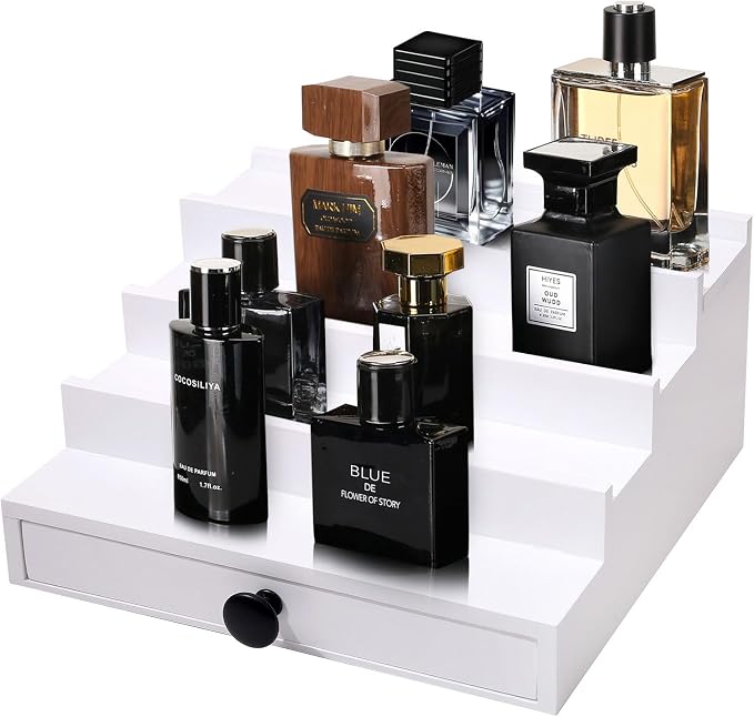 4 Tier White Cologne Organizer, Wooden Display Stand with Drawer Storage | Cologne Shelf and Rack, Perfume Tray, Hidden Storage, Clean Dresser Display, Birthday Christmas Gift for Men by FENGLIGOO