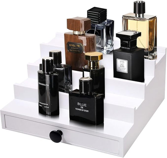 4 Tier White Cologne Organizer, Wooden Display Stand with Drawer Storage | Cologne Shelf and Rack, Perfume Tray, Hidden Storage, Clean Dresser Display, Birthday Christmas Gift for Men by FENGLIGOO