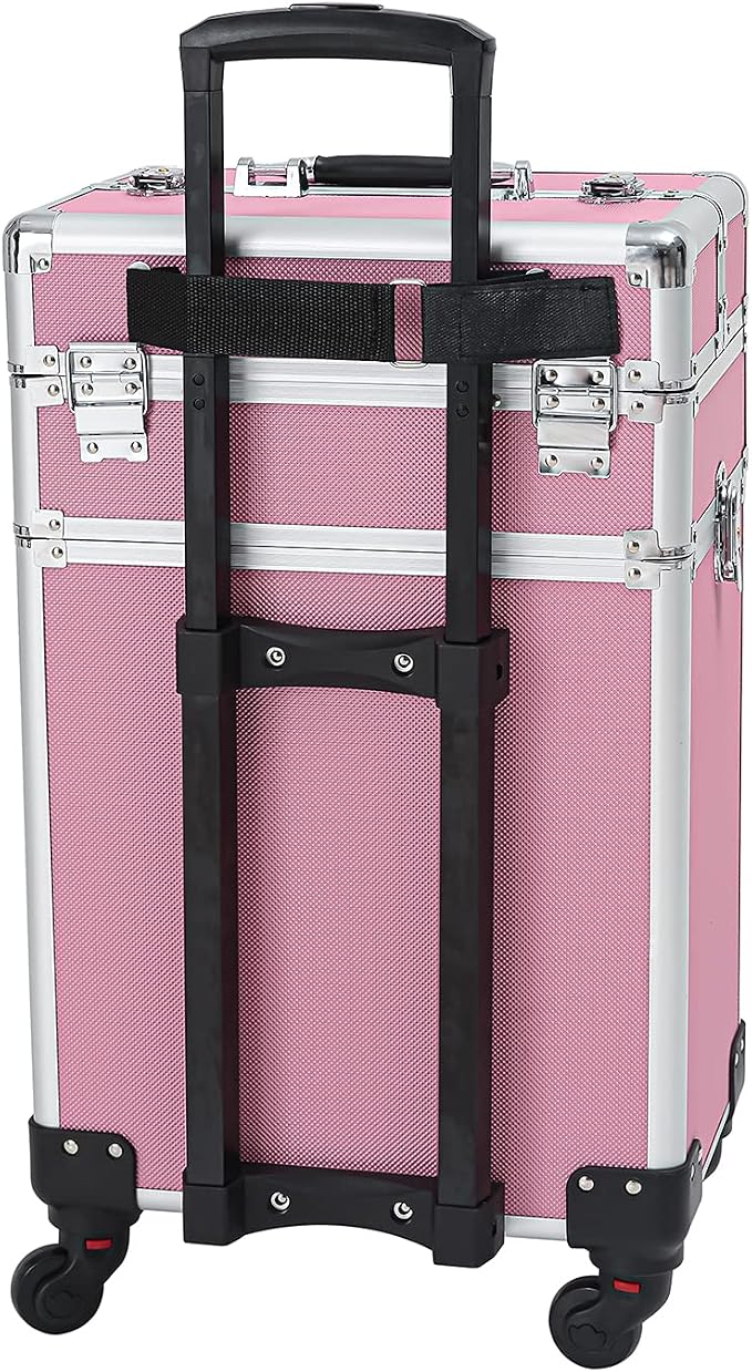 Karl home 4 in 1 Makeup Train Case Rolling Cosmetic Trolley Large Capacity Travel Organizer with Key 360°Swivel Wheels for Beauticians Hairstylists Nail Tech Students, Pink - Image 9