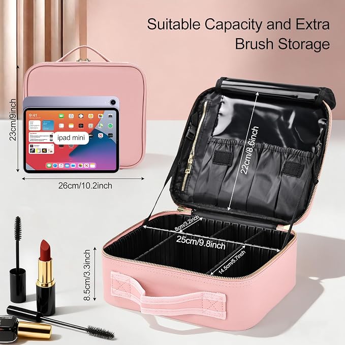 Travel Makeup Bag with Brush Holder, Professional Cosmetic Train Case Organizer for Women, Portable Travel Makeup Brush Carry Case Cosmetic Artist Storage Box with Adjustable Dividers, Leather Pink - Image 2