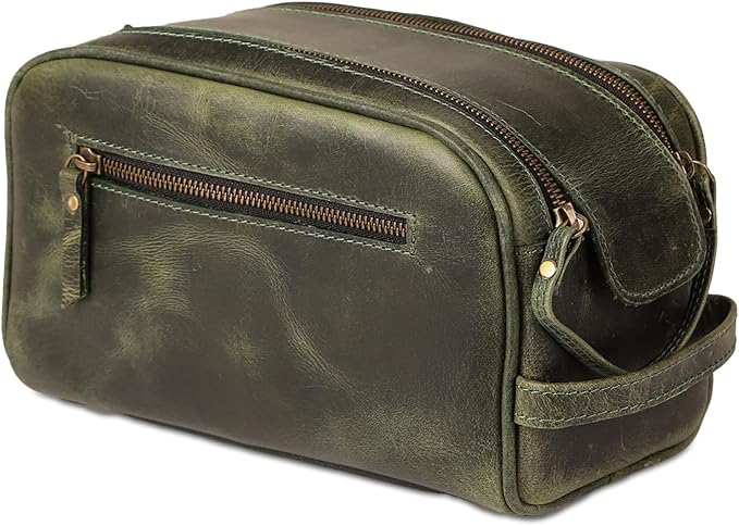 KomalC Leather Toiletry Bag for Men & Women – Handcrafted Travel Grooming Kit with Water-Resistant Lining and Secure Zipper Closure by KomalC