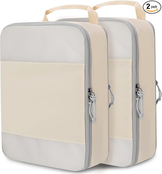 Extra Large Compression Packing Cubes, 2 Set Compression bags for Travel Packing Organizer, Expandable Compression Cubes for Travel, Beige Mesh by CALACH