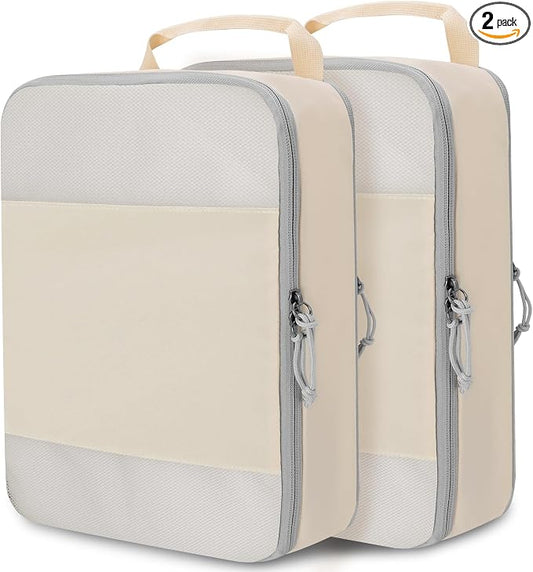 Extra Large Compression Packing Cubes, 2 Set Compression bags for Travel Packing Organizer, Expandable Compression Cubes for Travel, Beige Mesh by CALACH