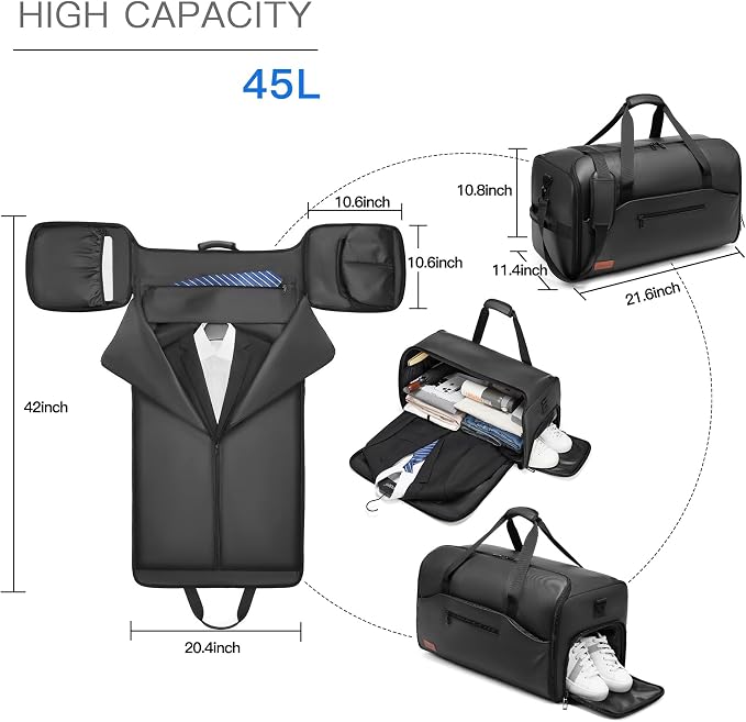Garment Bags for Travel,45L Carry on Convertible Garment Duffle bag for Men Women - 3 in 1 Hanging Suit Travel Bag with Shoulder Strap - Image 2